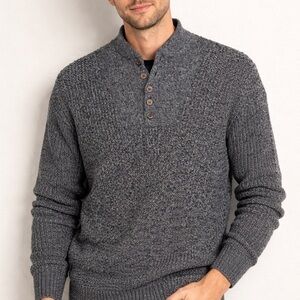 Men’s Charcoal Gray 100% Cotton Henley Sweater | Buttons Classic Pullover Large